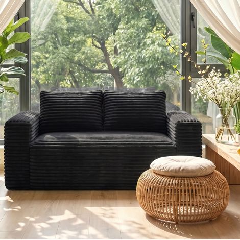 Sofá de suelo 2 plazas, asiento profundo, sin montaje, cordón, 160 x 88 x 58 cm, negro (1/5)