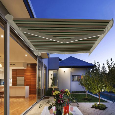 Greenbay Full Cassette Electric Awning Remote Controlled Retractable Garden Patio Sun Shade Shelter With LED Light Kit 4.5x3M - Multi stripe (1/2)