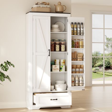 Meuble haut de cuisine 80×35×183 cm, 2 portes et 1 grand tiroir, étagères sur portes, armoire de stockage pour cuisine, salon, salle à manger et salle de bain (1/5)