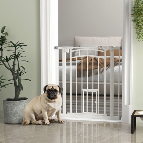 Barrera de seguridad para escaleras a presión con puerta para gatos pequeños, sistema de cierre automático, doble cierre, aberturas de 74-80 cm - Blanco