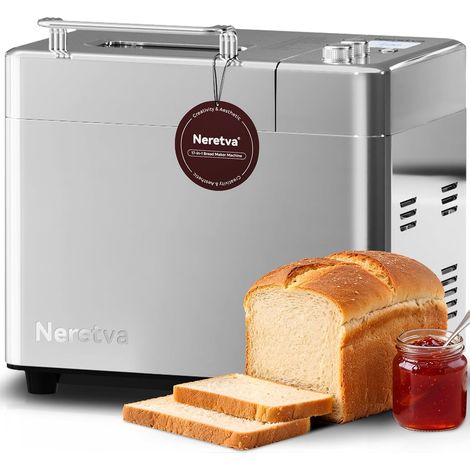 Neretva Machine à Pain, Distributeur Auto & Silencieuse (≤30dB) Machine a Pain avec Double Chauffage &1000G Bol Céramique Antiadhésif & Minuterie, 17 Programmes Sans Gluten/Pain Au Levain/Pain Complet (1/5)