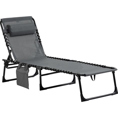 Outsunny Klapp-Sonnenliege, Relaxsessel, verstellbare Rückenlehne (5 Positionen), abnehmbare Kopfstütze, integrierte Seitentasche, Textilene-Bezug, Stahlrahmen, 189 x 58 x 30 cm, Grau