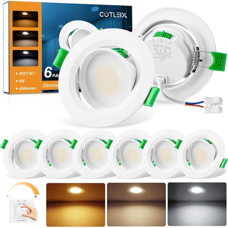 Spots LED Encastrables Dimmables Orientables, Trou Ø68-80 mm, 5 W 450 lm, Blanc Chaud/Neutre/Froid 3000/4000/6000 K, IP44, Spots de Plafond pour Salle de Bain, Cuisine et Salon, Lot de 6 (1/5)