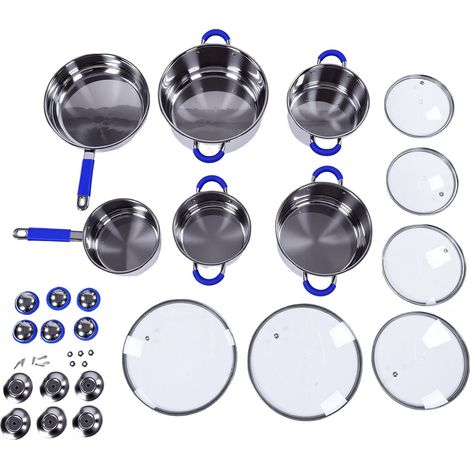 Batterie de cuisine en acier inoxydable, casseroles à fond triple épaisseur avec couvercle en verre, 16-24 cm, compatible avec toutes les plaques de cuisson, bleu universel (1/5)