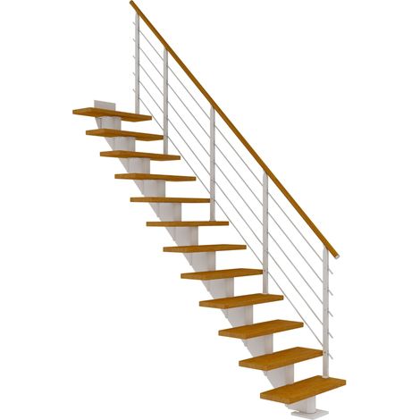 Dolle Mittelholmtreppe Hamburg Gerade Eiche, geölt 85 cm breit für Geschosshöhen 222 – 258 cm UK Metall Weiß inkl. einseitigem Designgeländer