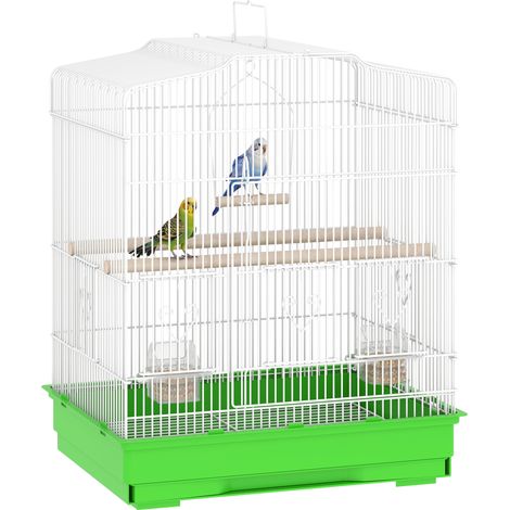 Gabbia uccelli acciaio, voliera con 2 mangiatoie, 2 trespoli, altalena, vassoio rimovibile, maniglia, 46,5x36x59 cm, verde
