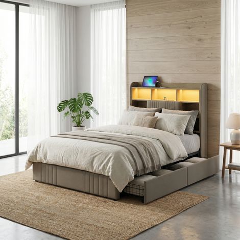 Letto con 2 cassetti 90x200, illuminazione LED e porta USB, testiera con contenitore, legno e lino, stile moderno, Beige