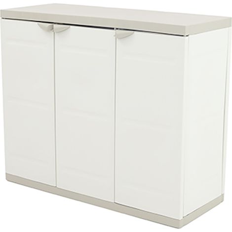 Pegane – Armoire basse 3 portes en résine beige – Dimensions 105x44x88 cm – 2 étagères réglables – Utilisation intérieure et extérieure