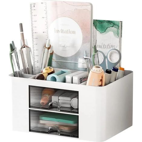 Organiseur de bureau, organiseur de bureau en plastique à 5 compartiments avec tiroir, organiseur de bureau multifonctionnel, porte-stylo pour le bureau, la maison et l'école (blanc) (1/5)