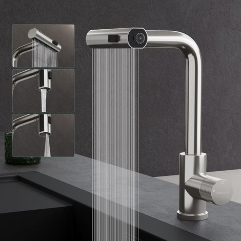 Mai & Mai Wasserhahn Küche Küchenarmatur mit Brause Ausziehbar, Küchenwasserhahn 360°Schwenkbar 3 Sprühfunktionen, Mischbatterie Spültischarmatur aus Edelstahl Silber Turnix-02 (1/5)