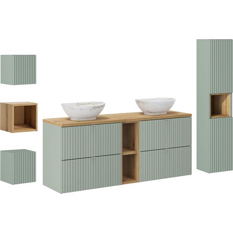 Conjunto mueble lavabo doble 140cm 4 cajones 2 compartimientos columna y 3 armarios de pared Jade Verde y Madera