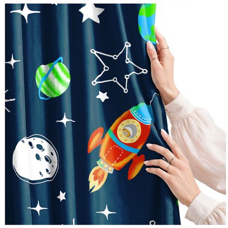 Rideau pour chambre d'enfant (garçon ou fille) avec ruban, motif spatial, 140 x 160 cm (1/5)