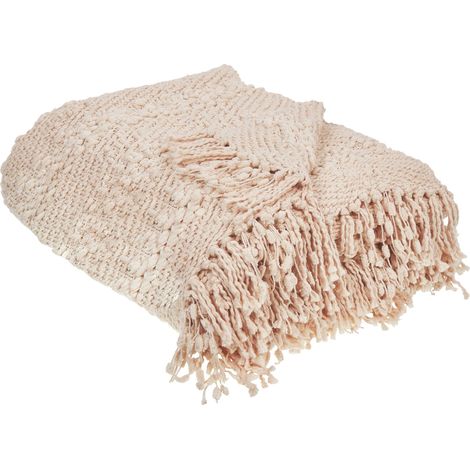 Couverture de Lit Tissée avec Pompons 150 x 200 cm en Coton et Acrylique Beige Clair Vella