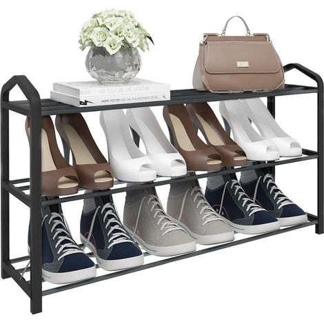 Woltu – Etagère à chaussures 3 niveaux – Capacité 12 paires – Tube en acier inoxydable – Dimensions 79x19.5x45 cm – Couleur noir