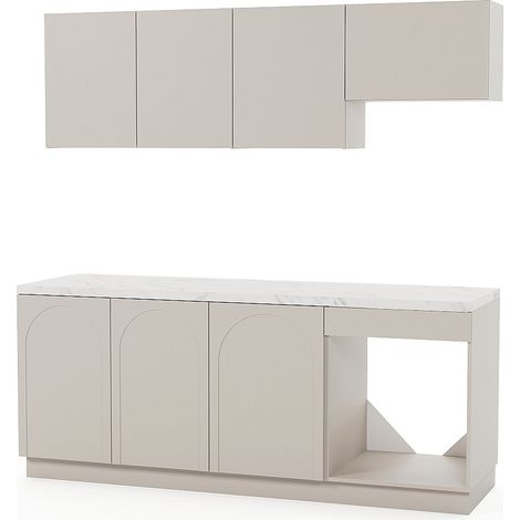 Cucina completa piano di lavoro 200 cm Beige ed effetto marmo bianco - NALYRA