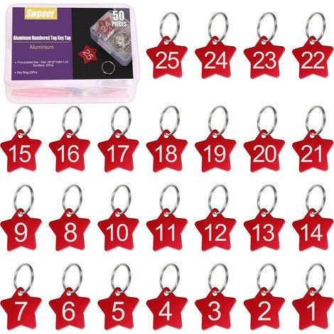 Kit assortimento di 50 targhette numeriche in alluminio rosso con stelle da 1 a 25 con portachiavi, targhette portachiavi in metallo con targhette numerate per codifica e decorazione. (1/5)