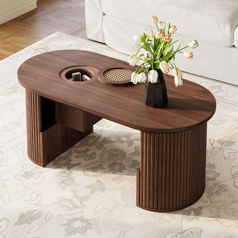 Couchtisch Oval mit Integrierten Fächern und Offenen Ablagen, für Wohnzimmer, MDF, Walnuss, 105×50×46,5 cm (1/5)