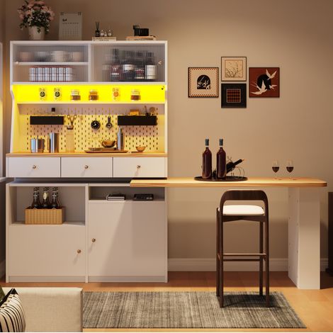 Credenza alta 137x45x178 cm in MDF con ripiani portaoggetti, tavolo estraibile, 2 ante e 3 cassetti, bianca (1/5)