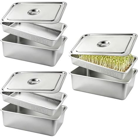 Kit De Germination 33x22 cm, 3 Plateaux De Germination en Acier Inoxydable pour Germes Herbe à Chat Cresson Et Micro-Pousses - Plateau De Germination 2 en 1 avec Double Compartiment Et Tamis (1/5)