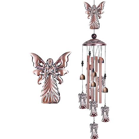 Carillon éolien en métal, décoration intérieure et extérieure pour jardin, avec 4 tubes, 6 cloches en bronze, crochet en S, carillon éolien mélodieux et élégant inspiré de la nature (Ange) (1/5)