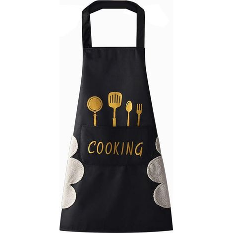 Tablier de cuisine(Noir) pour femme avec poches pour essuyer les mains, grande poche, essuyage à la main, imperméable pour la cuisine et la pâtisserie (1/5)