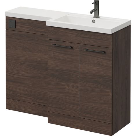 Napoli 390 Brown Oak 1100mm 2 Door Vanity Unit Toilet Suite with Square Right Hand Lucia Basin - 1100mm - Gunmetal Grey 160mm HandleWithout Kingston Toilet Pan