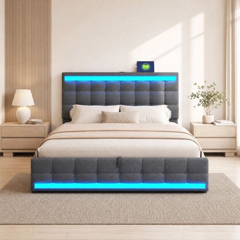 Letto contenitore 180x200 idraulico con LED RGB, USB e testiera regolabile grigio HAVRYA (1/5)