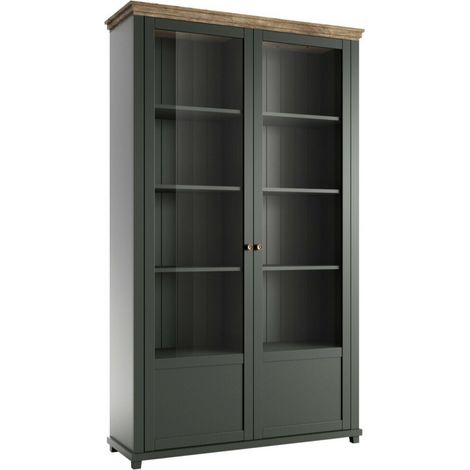 Estantería Tolnue 102, Verde oscuro + Roble de lefkada, Con puertas, Cerrable, Aglomerado laminado, Vidrio, MDF, Número de puertas: 2, Número de cajones: 0, 200x126x42cm