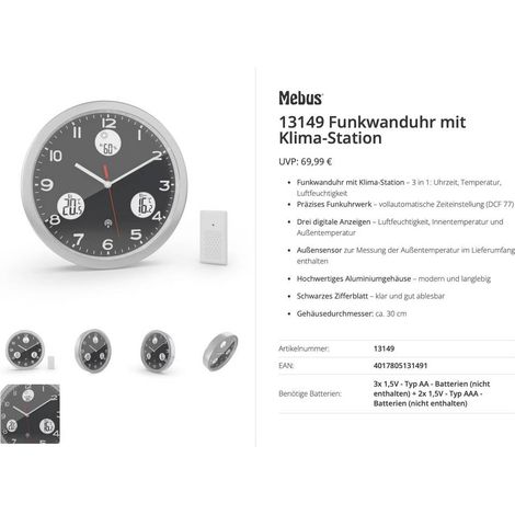 Horloge radiopilotée Mebus 13149 radiopiloté(e) 30 cm aluminium mécanisme d'horloge silencieux