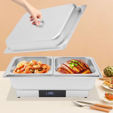 Ensemble de plats de service électriques en acier inoxydable de 9,5 litres, comprenant un grand plat et deux demi-plats, avec affichage du contrôle de la température, adapté aux mariages et aux banque