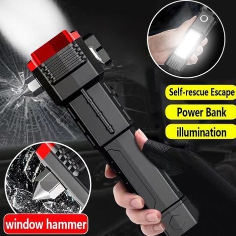 Superhelle LED-Taschenlampe, USB-aufladbar, mit Sicherheitshammer, Seitenlicht, tragbare Laterne, ROT (1/4)