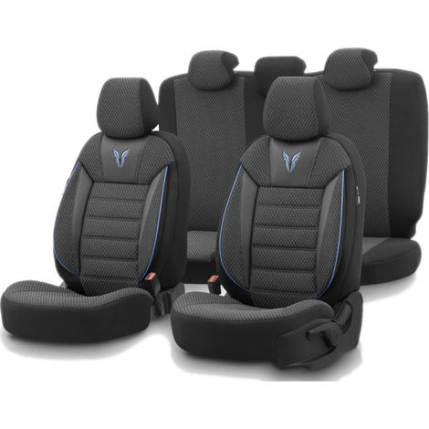 Komplettset luxuriöser Sitzbezüge OTOM – Textil mit Kunstleder, TORO SPORT Design – Schwarz mit blauer Naht, für Vorder- und Rüc