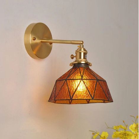 Applique murale en laiton style cristal ambré chambre lampe de chevet salle de bain vestiaire fond miroir mural lampe murale en verre créative, lumière chaude (1/4)