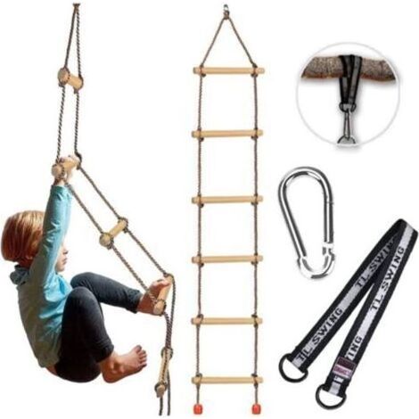 Échelle en Bois avec mousquetons,Échelle de Corde pour Enfants ,Équipement de Jeu pour échelle d'arbre ,Jouets d'escalade pour balançoire,Échelle en Corde à Bascule (1/5)