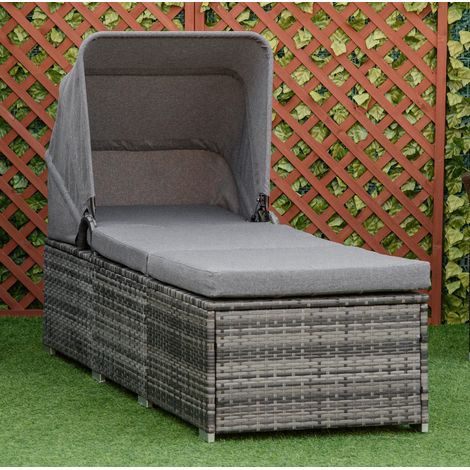 Bain de soleil 195x65x40 cm gris en rotin PE, avec baldaquin, dossier inclinable et coussins (1/5)