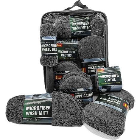 Coffret 9 accessoires de nettoyage automobile : gant de lavage, éponge cirage, brosse jantes, chiffons microfibre pour auto et maison