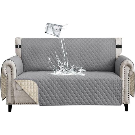 Waterproof 2-Seater Sofa Cover with Armrests Reversible Universal Non-Slip Sofa Protector for Pets Dogs Cats Light Grey