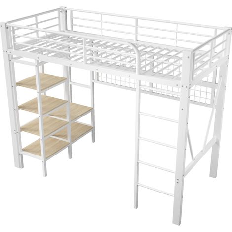 CAIziLit mezzanine 90x200 métal LED, rangement, penderie, filet, blanc (1/5)