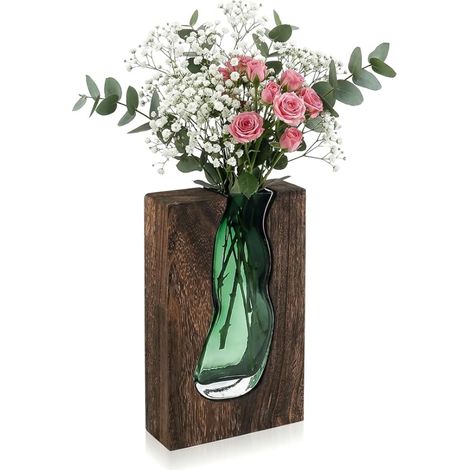 Vase Fleur, Decoratif, en Verre, Vases, à Fleurs Modernes avec Base Bois pour Decoration Centre de Table Salle a Manger Maison Bureau Mariage (Hauteur 24 cm) (1/5)