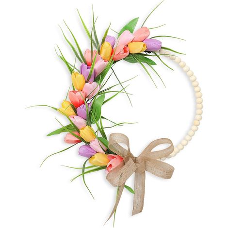 Couronne Florale de Printemps Couronne de Porte de Fleurs en Soie Artificielle 13,78 Pouces avec Un Design de Texture de Pétale Réaliste pour Porte D'entrée, Mur de Cheminée, (Jaune Rose Bleu) (1/5)