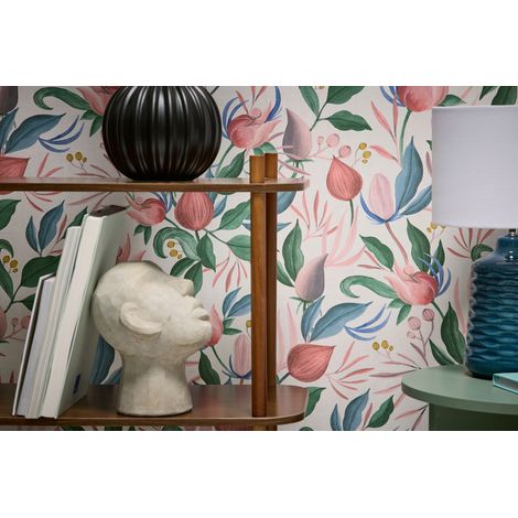 Papier peint intissé fleuri, scandinave, aux tons bleu, vert, rose et blanc - 10,05 x 0,53 m - collection Cosmopolitan (1/5)