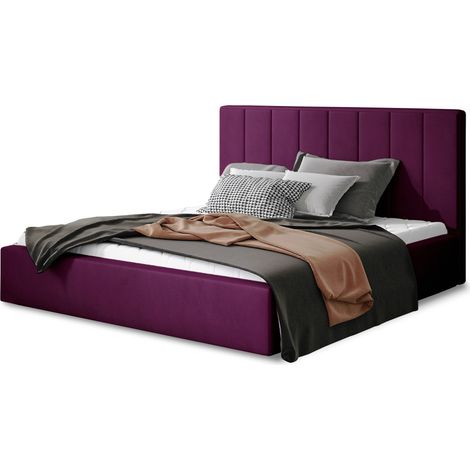 Lit adulte avec sommier Vareza – Velours matelassé avec sommier-Prune-180x200-Version avec sommier (1/5)