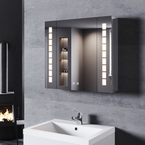 SONNI Alu Spiegelschrank mit beleuchtung und steckdose Beschlagfrei Badspiegel LED Touch 65x60x13.3cm Drahtloses Scharnier & 3 Lichtfarben Dimmbar