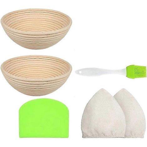 Ensemble de 2 paniers de fermentation ronds pour pain au levainen rotin naturel23 cm (9 pouces) avec bois clair. (1/5)