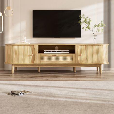 Meuble TV moderne 165 cm – Design en rotin avec portes en bois massif – 1 tiroir – Style campagne/villa – Panneau avant bas – Naturelle