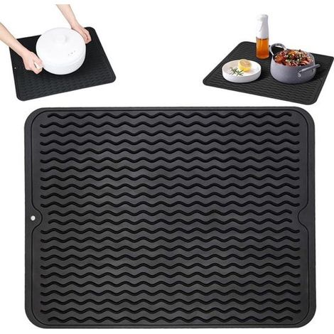Alfombrilla de silicona para secar platos, protector de encimera resistente al calor de 30 x 40 cm, con rejilla de drenaje y trípode para diseño antideslizante, apta para lavavajillas, con orificios p