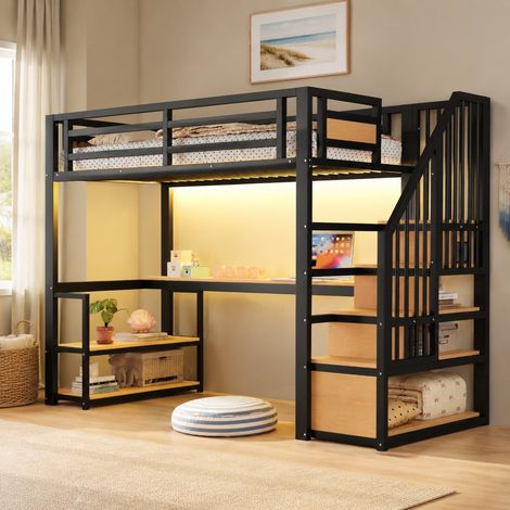 Hochbett 90x200 cm Schwarz aus Metall mit Tisch, Regalen, Stauraumleiter und Sicherheitsumrandung (1/5)
