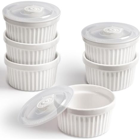 Lot de 6 ramequins en porcelaine avec couvercle, 240 ml, bol à crème glacée, pour crème brûlée, soufflé, pour pâtisserie, blanc (1/5)