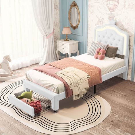 Lit fille 90x200cm avec lampes LED, lit enfant avec tête de lits réglable en hauteur et 1 tiroirs, PU lit simple pour fille en cuir avec couronne, blanc (1/5)