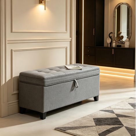 Banc coffre capitonné 120x40x48 cm en tissu effet lin gris foncé, rangement pour entrée – MEUBLIV (1/5)